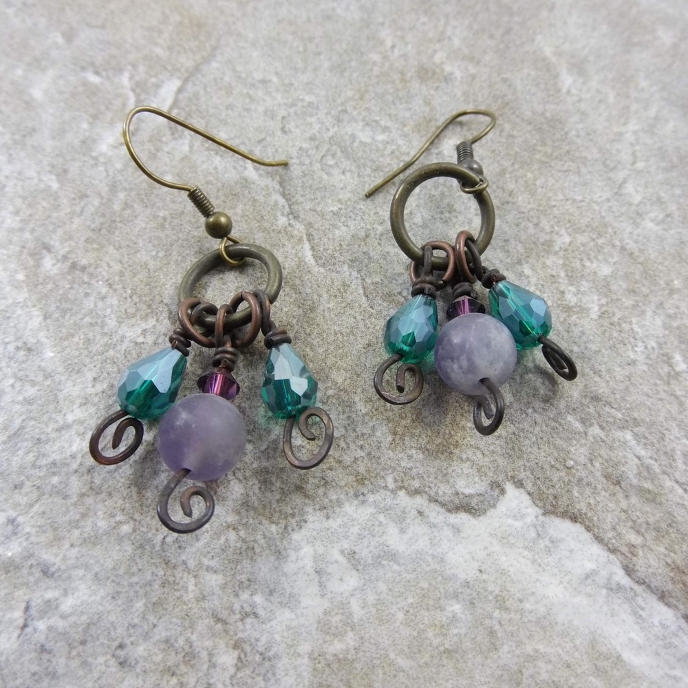 Amethyst earrings with turquoise crystal beads